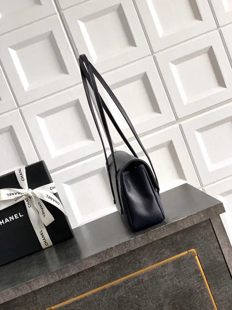 Chanel AS6130 Small Flap Bag Grained Shiny Calfskin & Gold-Tone Metal Navy Blue