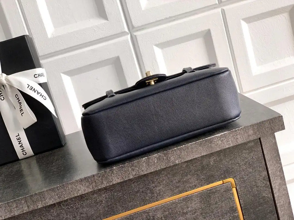 Chanel AS6130 Small Flap Bag Grained Shiny Calfskin & Gold-Tone Metal Navy Blue