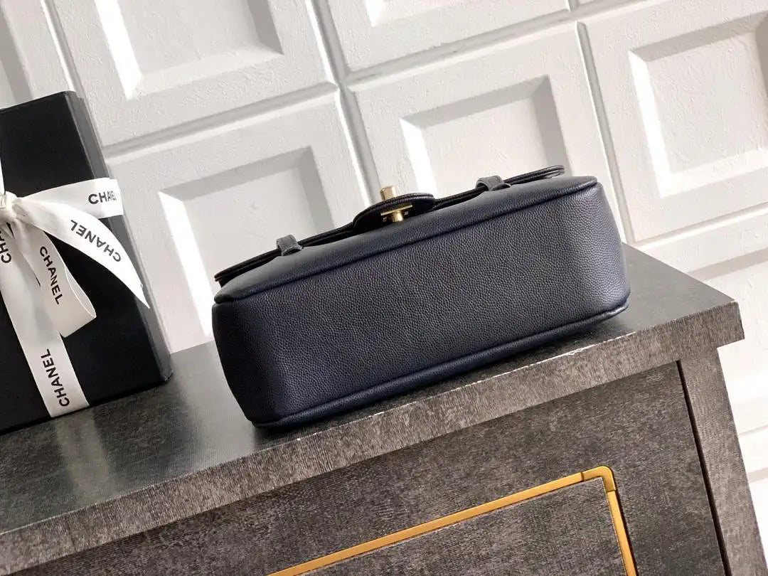 Chanel AS6130 Small Flap Bag Grained Shiny Calfskin & Gold-Tone Metal Navy Blue