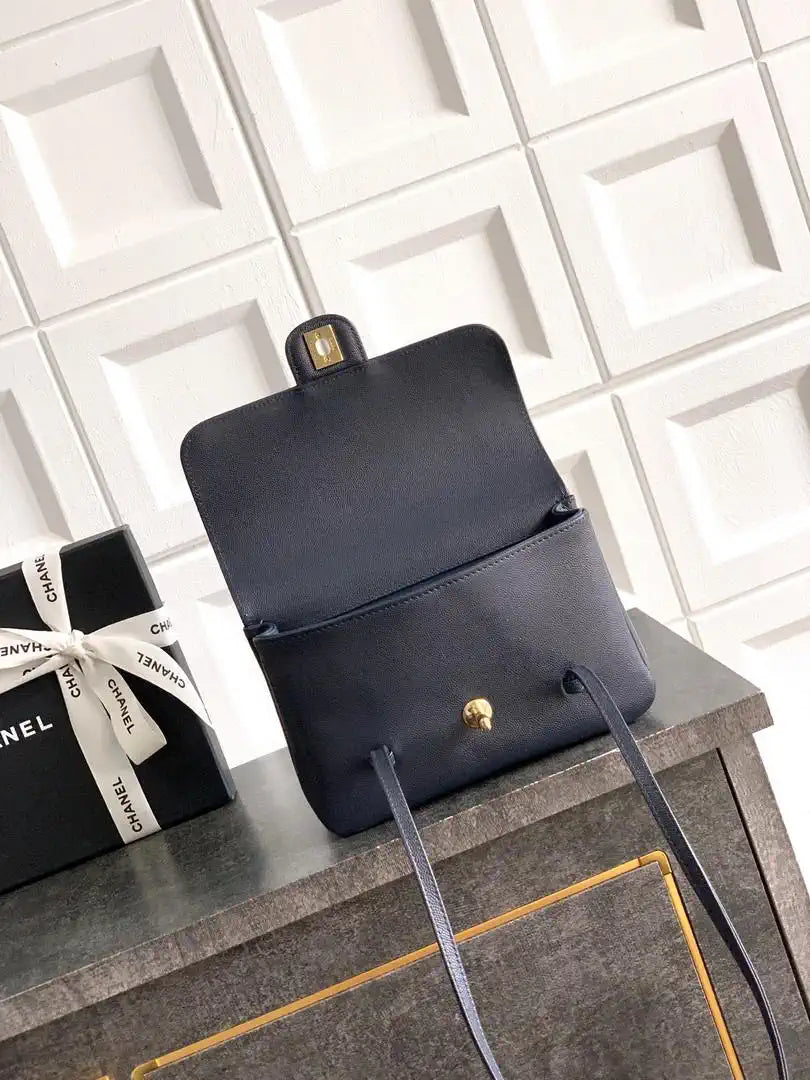 Chanel AS6130 Small Flap Bag Grained Shiny Calfskin & Gold-Tone Metal Navy Blue