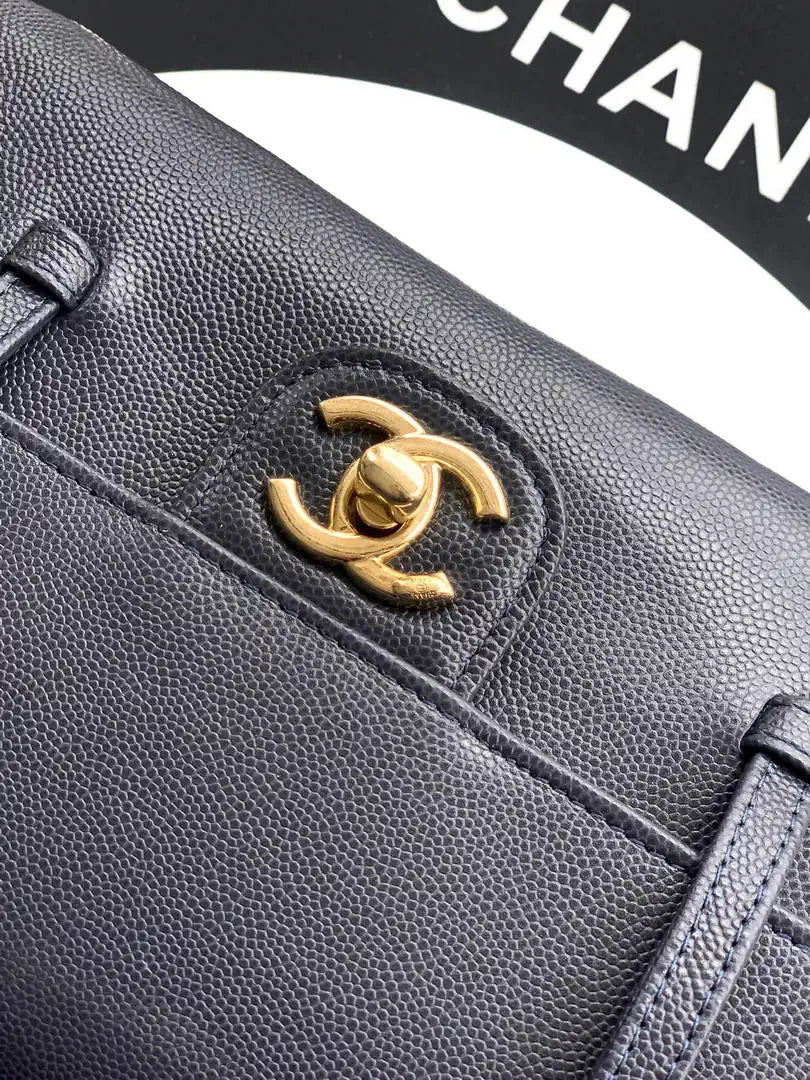 Chanel AS6130 Small Flap Bag Grained Shiny Calfskin & Gold-Tone Metal Navy Blue