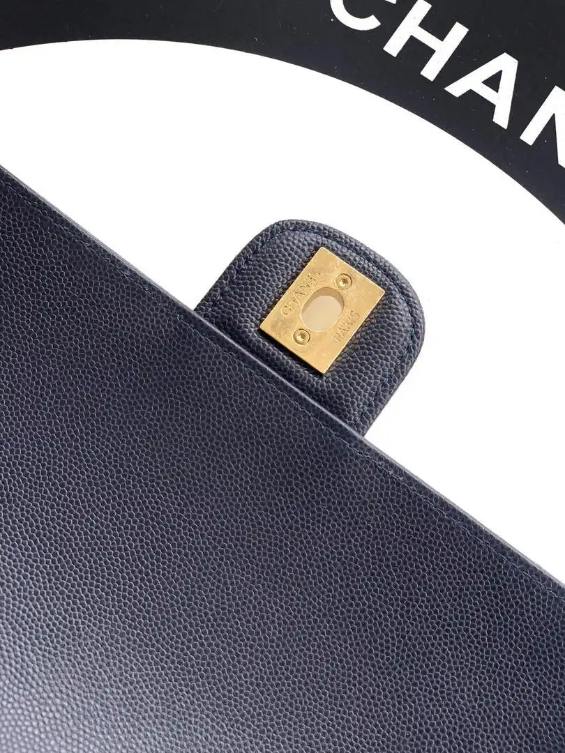 Chanel AS6130 Small Flap Bag Grained Shiny Calfskin & Gold-Tone Metal Navy Blue
