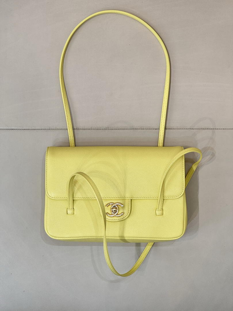 Chanel AS6130 Small Flap Bag Grained Shiny Calfskin & Gold-Tone Metal Yellow