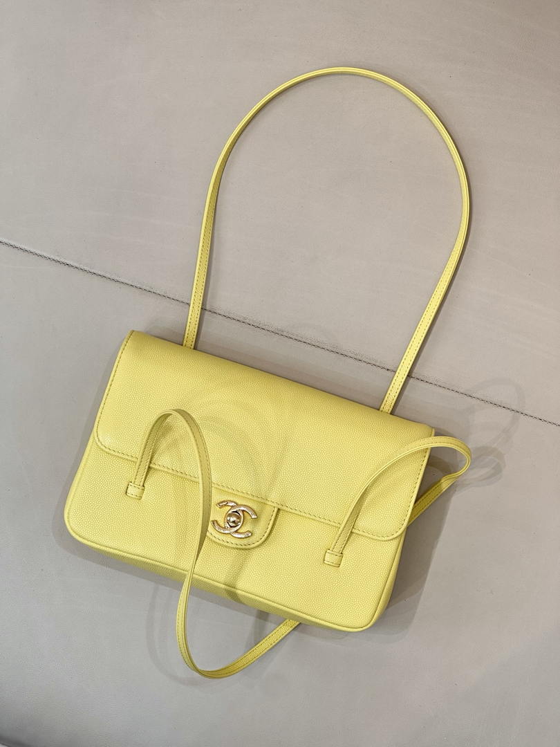 Chanel AS6130 Small Flap Bag Grained Shiny Calfskin & Gold-Tone Metal Yellow