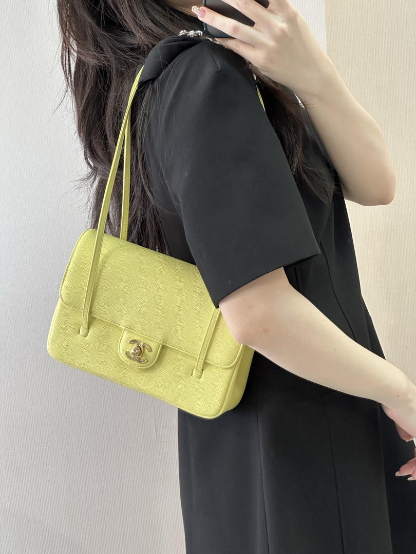 Chanel AS6130 Small Flap Bag Grained Shiny Calfskin & Gold-Tone Metal Yellow