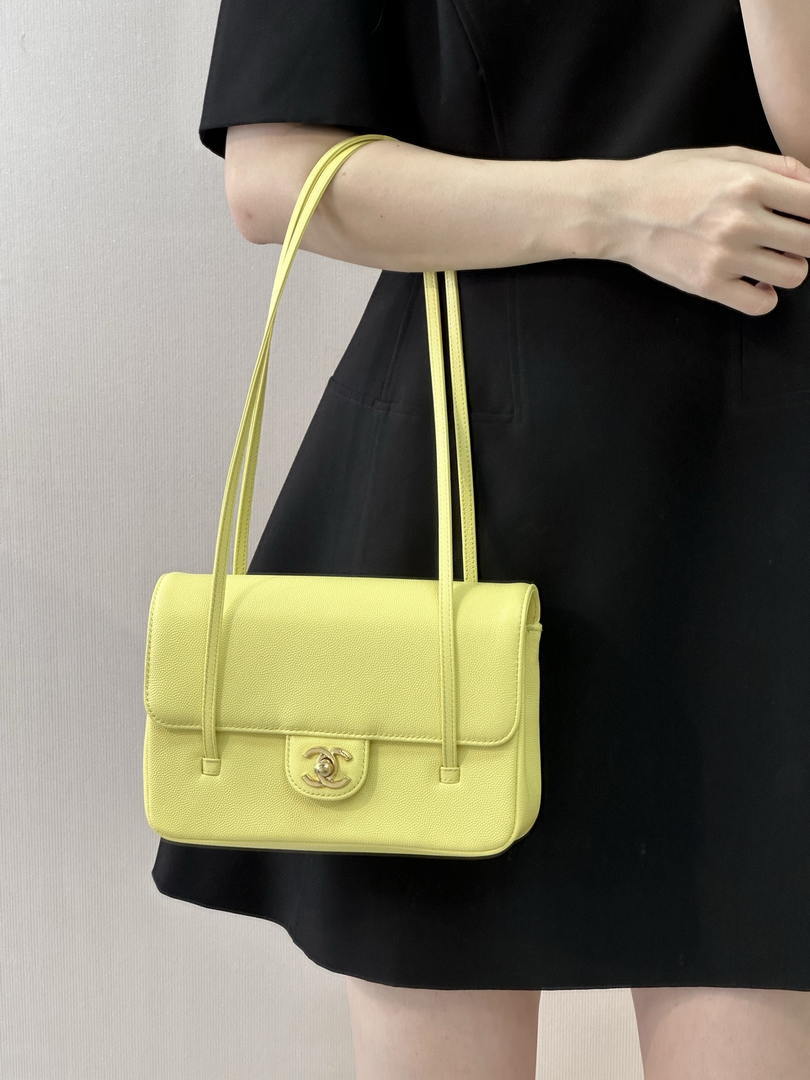 Chanel AS6130 Small Flap Bag Grained Shiny Calfskin & Gold-Tone Metal Yellow