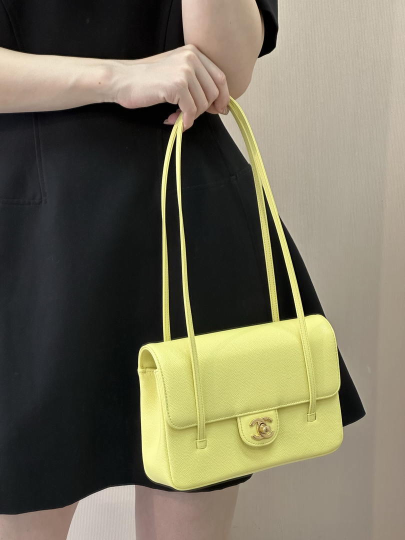 Chanel AS6130 Small Flap Bag Grained Shiny Calfskin & Gold-Tone Metal Yellow