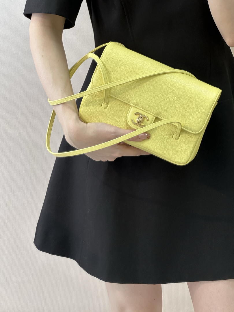 Chanel AS6130 Small Flap Bag Grained Shiny Calfskin & Gold-Tone Metal Yellow