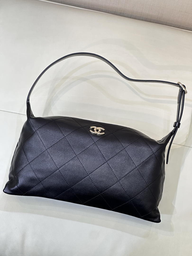 Chanel AS6139 Large Hobo Handbag Shiny Lambskin & Gold-Tone Metal Black