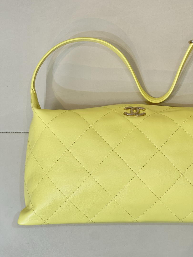 Chanel AS6139 Large Hobo Handbag Shiny Lambskin & Gold-Tone Metal Yellow