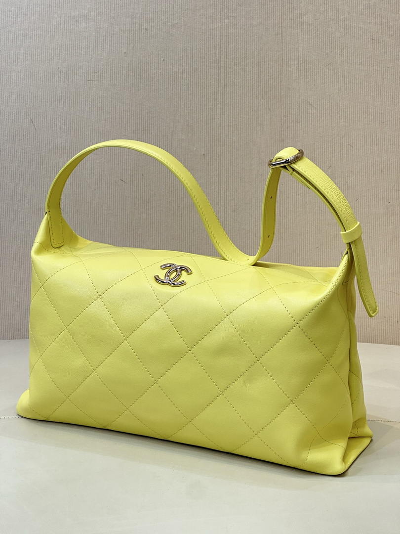 Chanel AS6139 Large Hobo Handbag Shiny Lambskin & Gold-Tone Metal Yellow