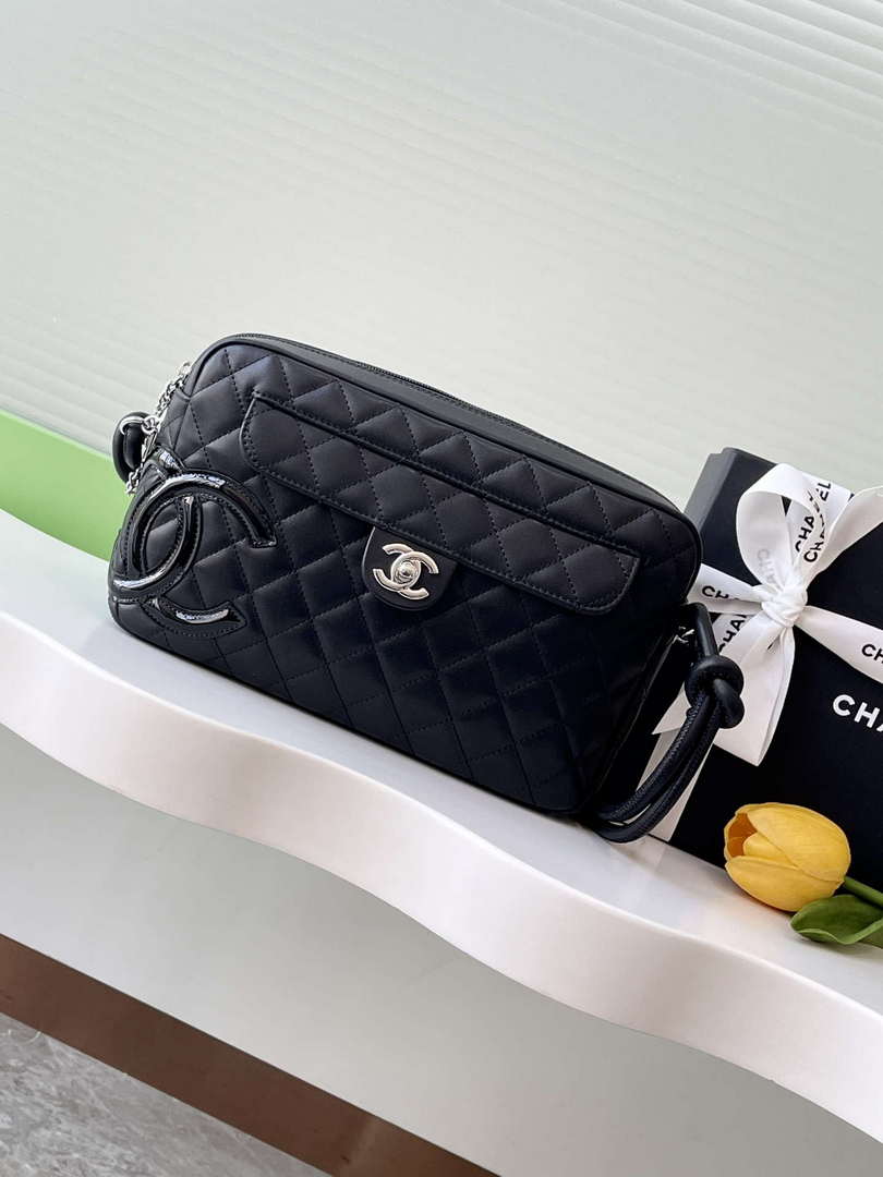 Chanel AS6326 Vintage Camera Case Bag Lambskin Black with Patent CC