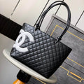 Chanel AS6338 Cambon Quilted Leather Shopping Bag Black with White logo