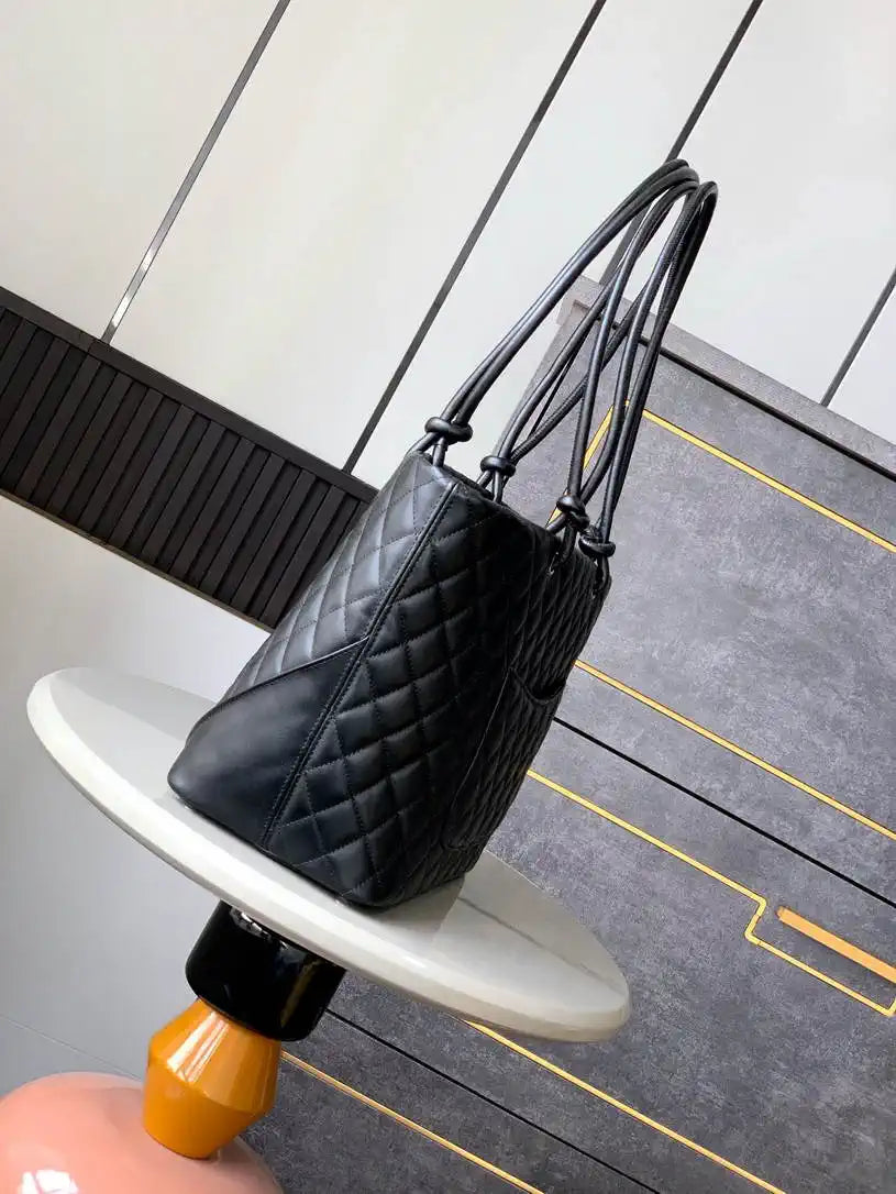 Chanel AS6338 Cambon Quilted Leather Shopping Bag Black with White logo
