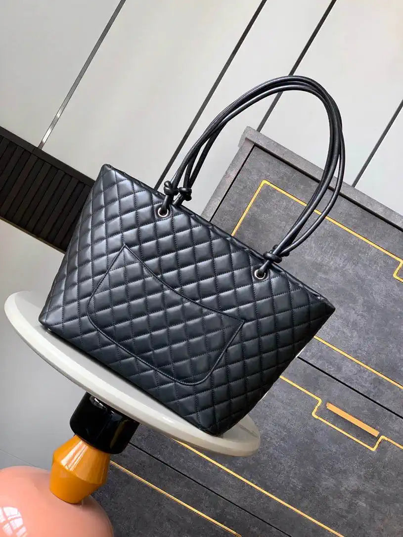 Chanel AS6338 Cambon Quilted Leather Shopping Bag Black with White logo