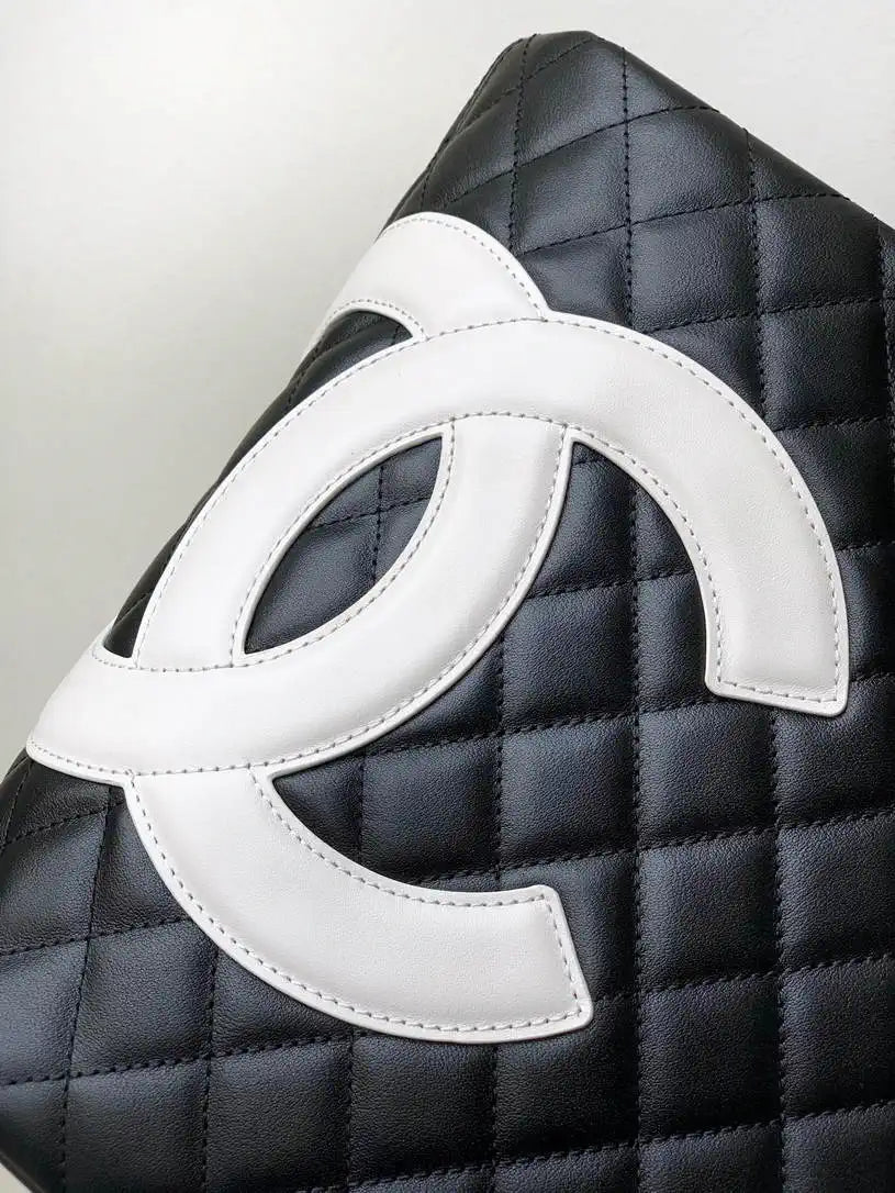 Chanel AS6338 Cambon Quilted Leather Shopping Bag Black with White logo