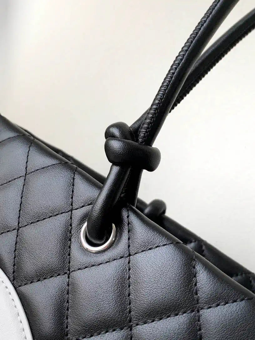 Chanel AS6338 Cambon Quilted Leather Shopping Bag Black with White logo