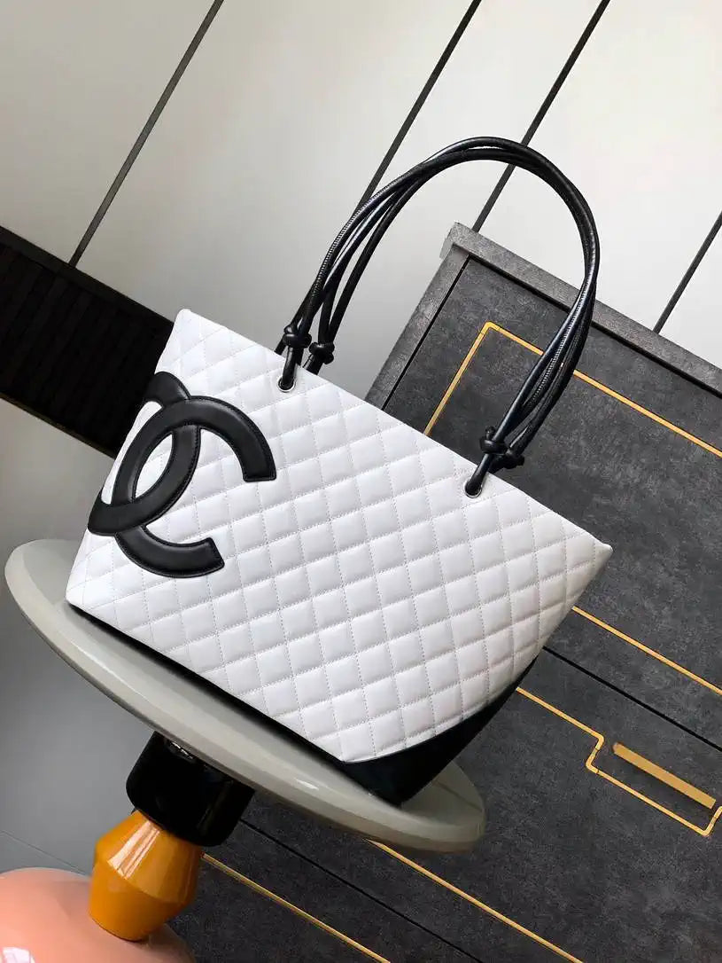 Chanel AS6338 Cambon Quilted Leather Shopping Bag White