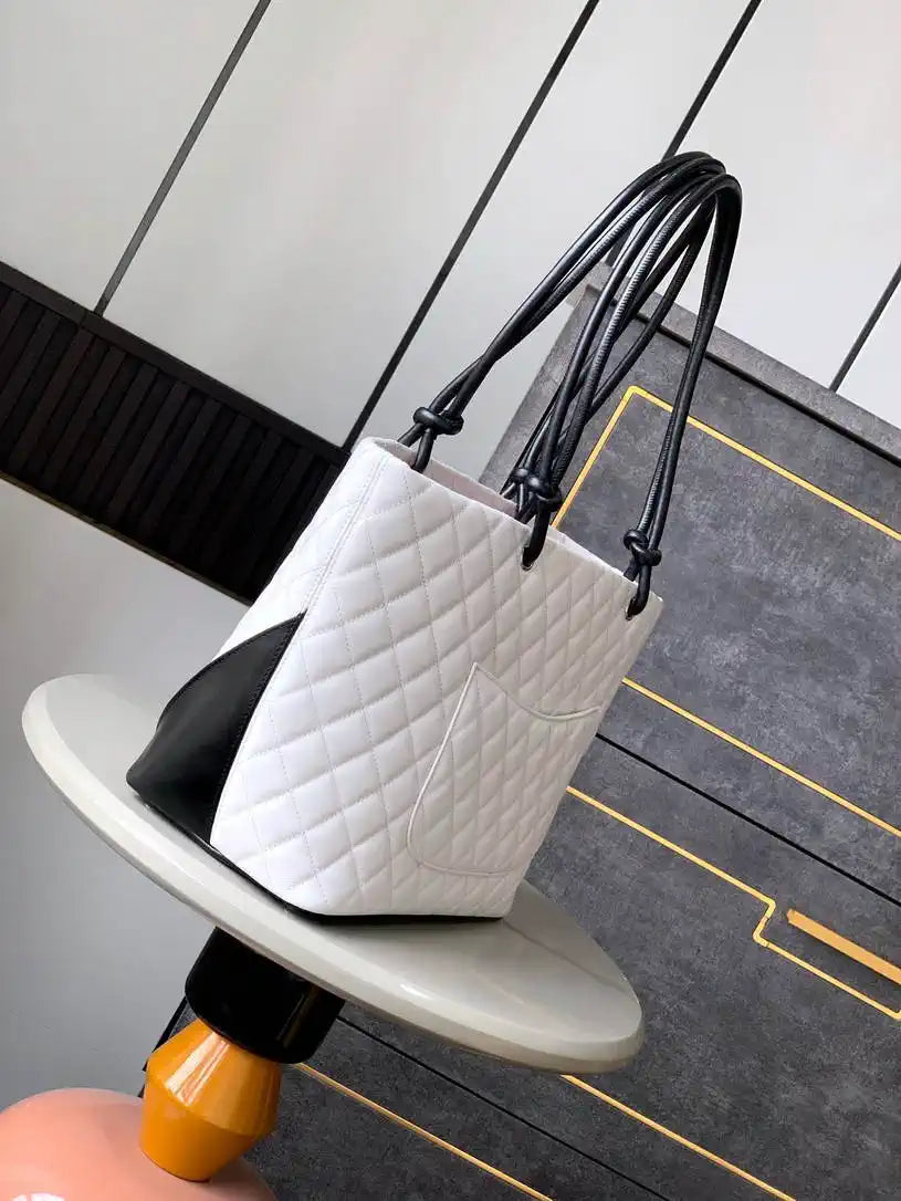 Chanel AS6338 Cambon Quilted Leather Shopping Bag White