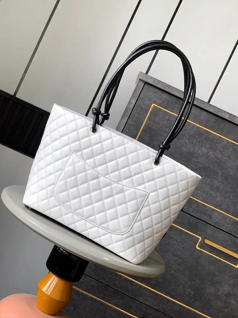 Chanel AS6338 Cambon Quilted Leather Shopping Bag White