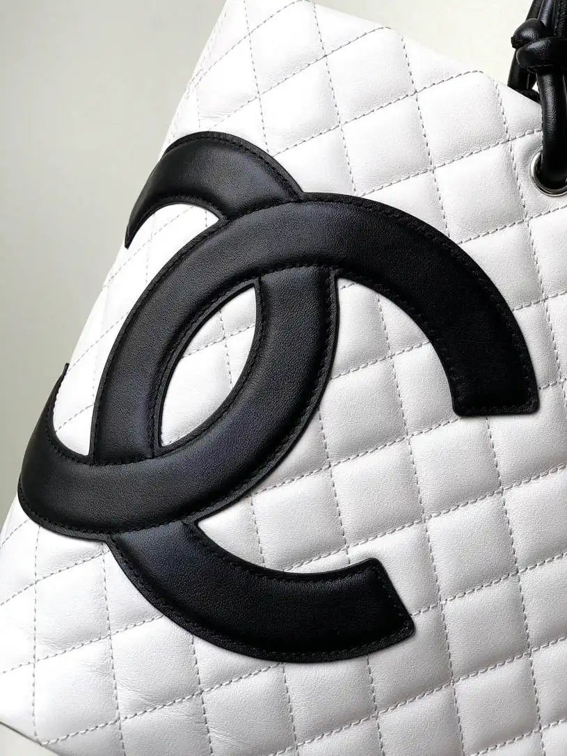Chanel AS6338 Cambon Quilted Leather Shopping Bag White