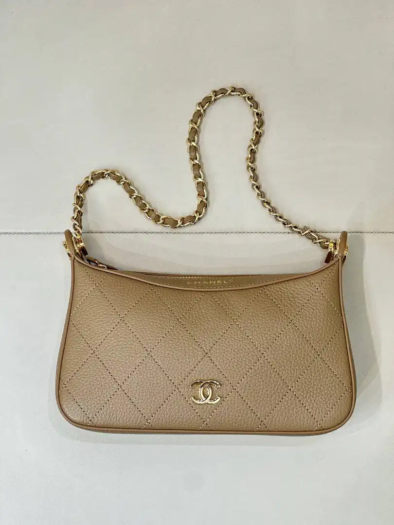 Chanel AS6614 Hobo Small Shoulder Bag Calfskin Apricot