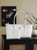 Chanel AS9106 26 SS Runway Collection Shopping Bag Crocodile-embossed Calfskin White