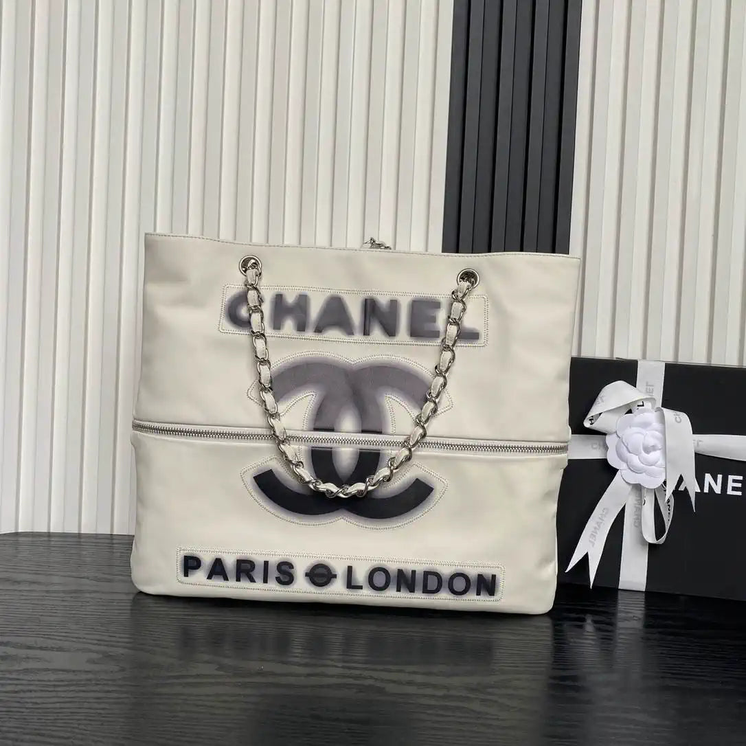 Chanel AS9901 Vintage Shopping Bag Calfskin White with Black Logo