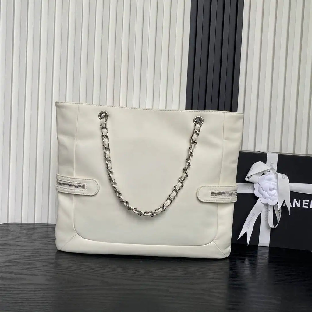 Chanel AS9901 Vintage Shopping Bag Calfskin White with Black Logo