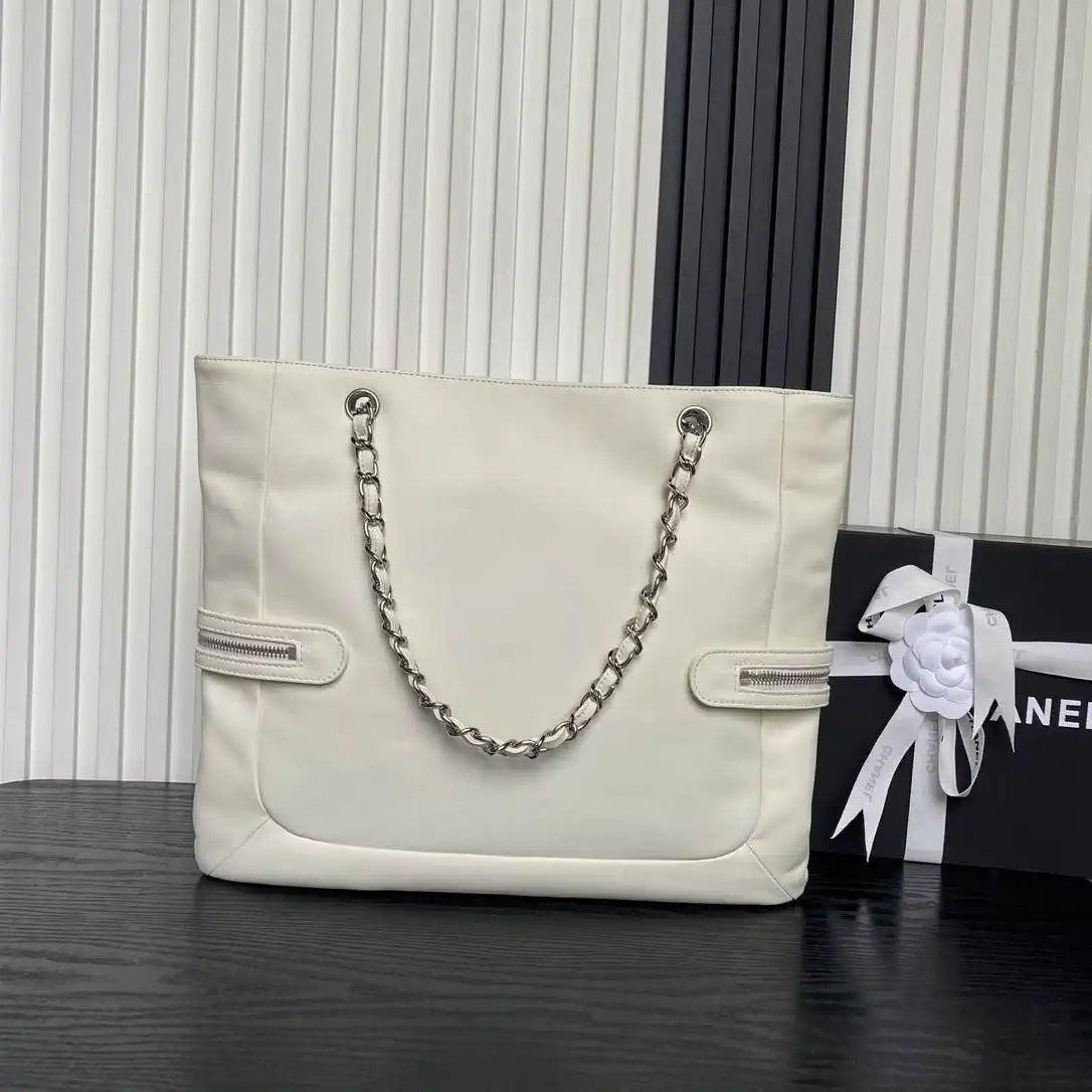 Chanel AS9901 Vintage Shopping Bag Calfskin White with Black Logo