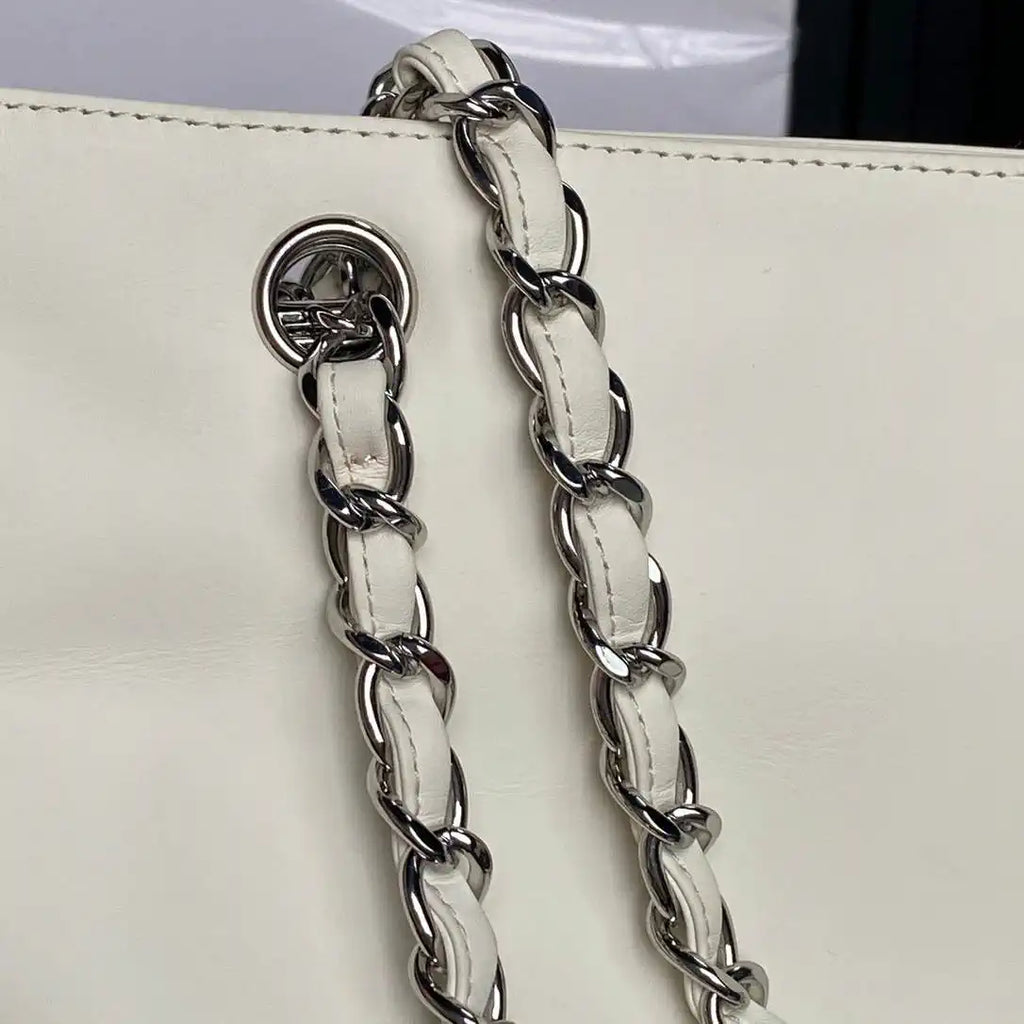 Chanel AS9901 Vintage Shopping Bag Calfskin White with Black Logo