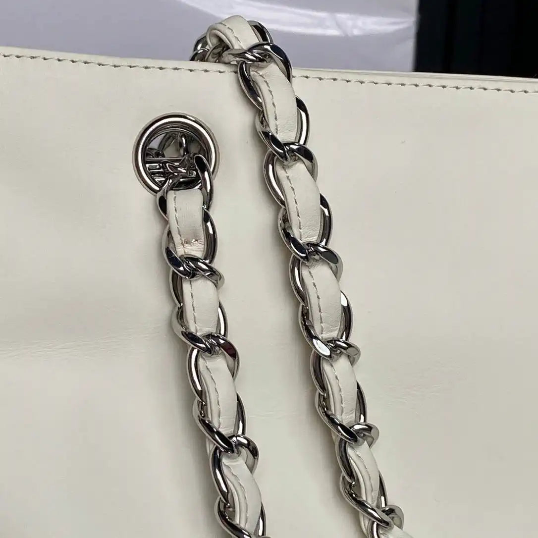 Chanel AS9901 Vintage Shopping Bag Calfskin White with Black Logo