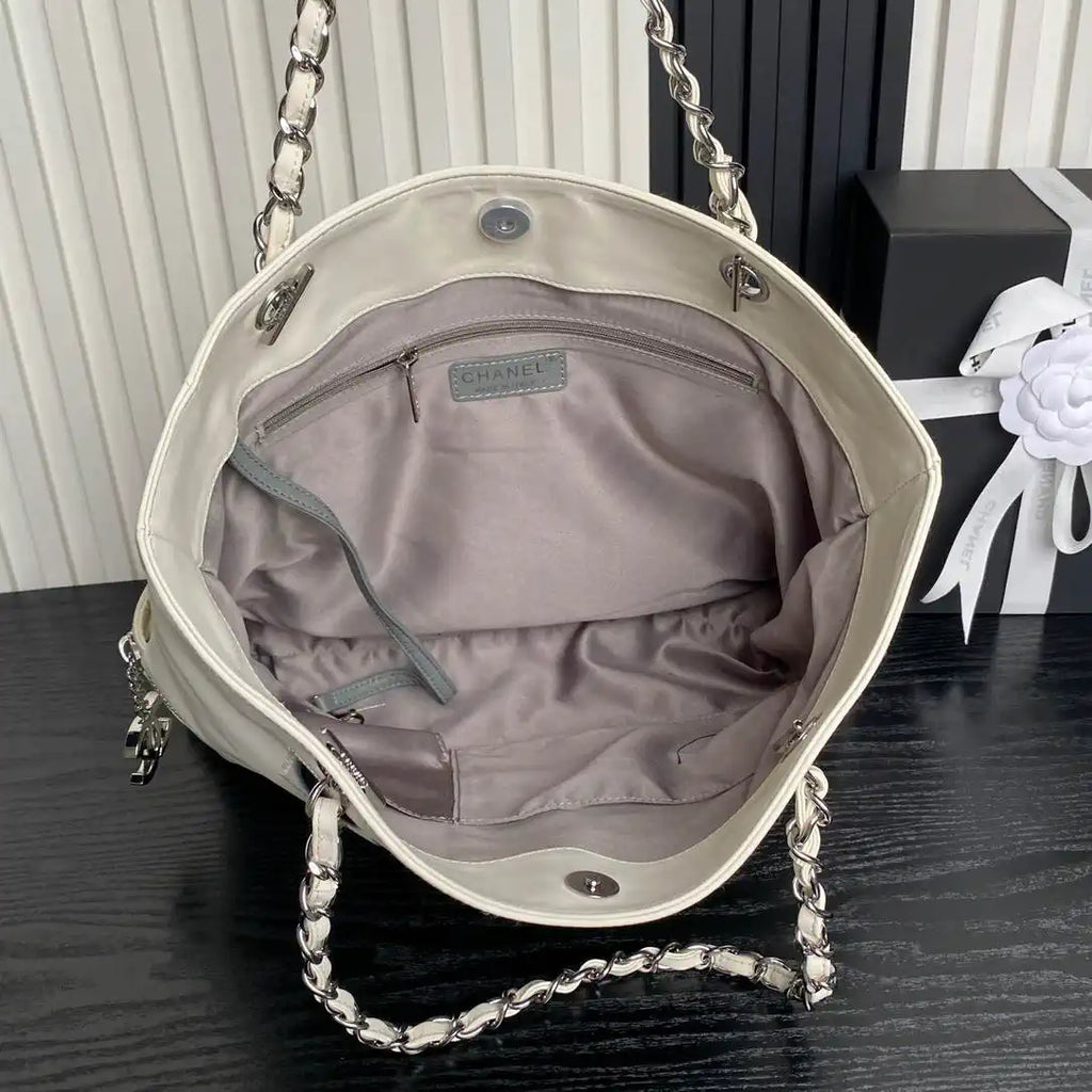 Chanel AS9901 Vintage Shopping Bag Calfskin White with Black Logo