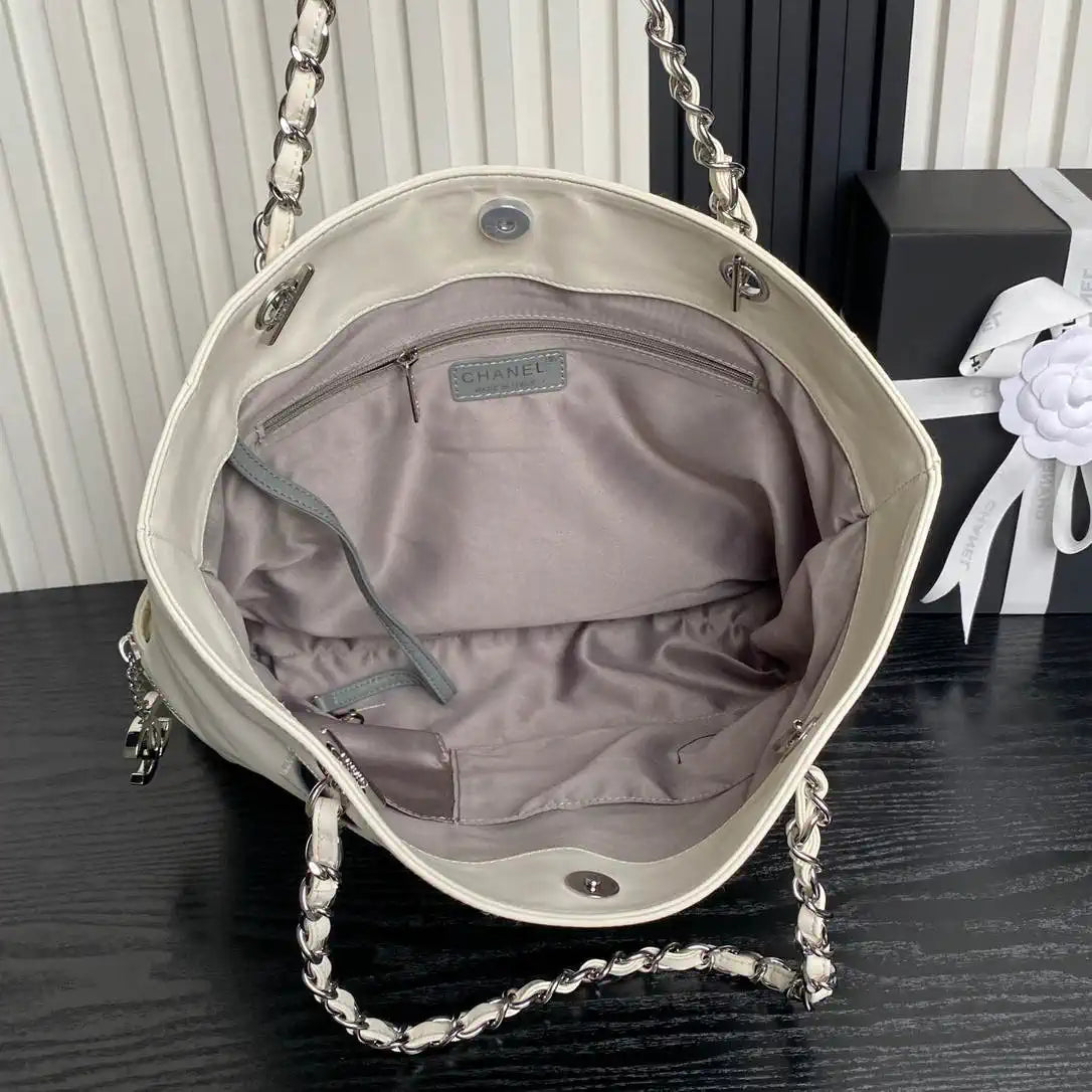 Chanel AS9901 Vintage Shopping Bag Calfskin White with Black Logo