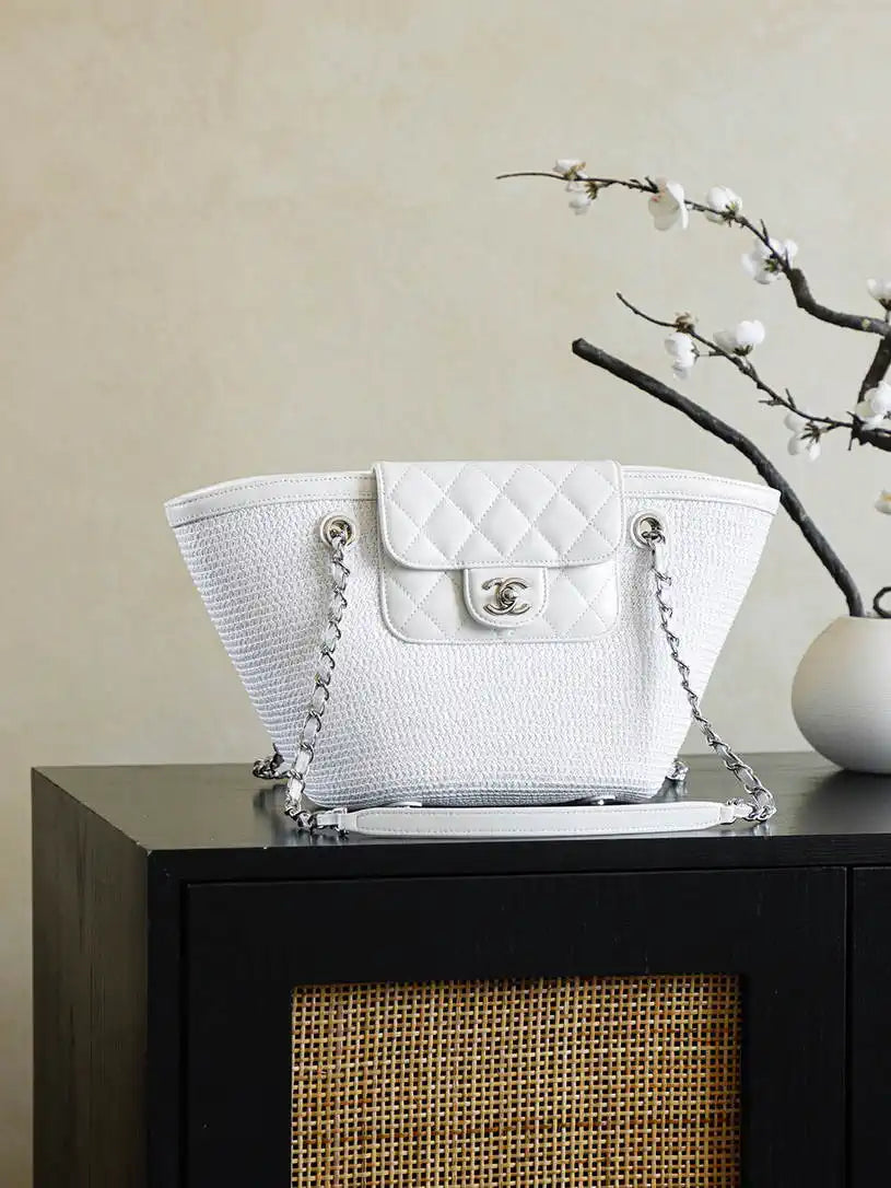 Chanel AS9904 Vegetable basket Shopping Bag Calfskin White As5951