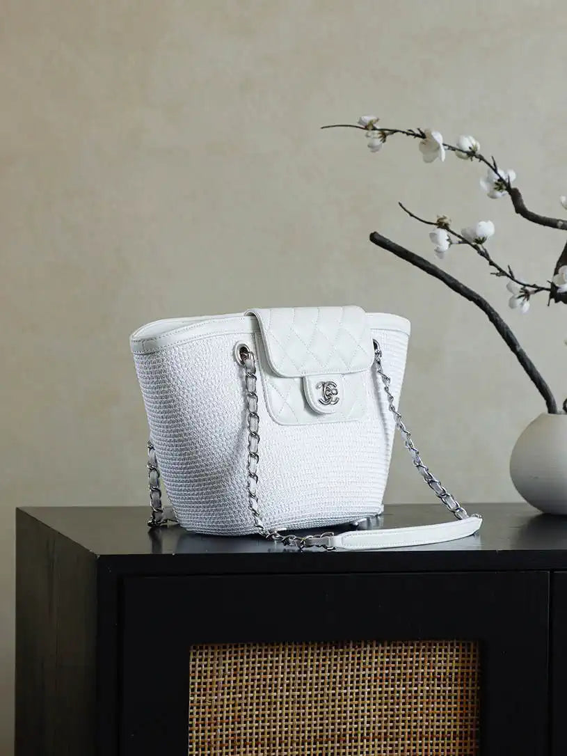 Chanel AS9904 Vegetable basket Shopping Bag Calfskin White As5951