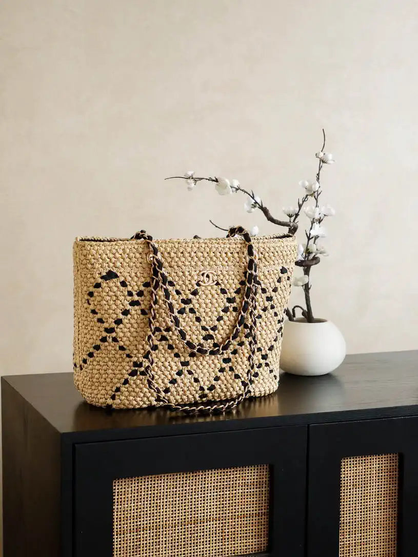 Chanel AS9905 Woven Raffia Shopping Bag Calfskin Nature