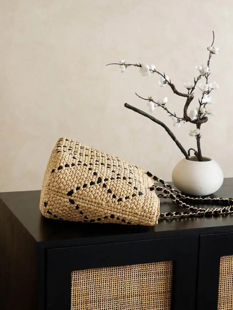 Chanel AS9905 Woven Raffia Shopping Bag Calfskin Nature