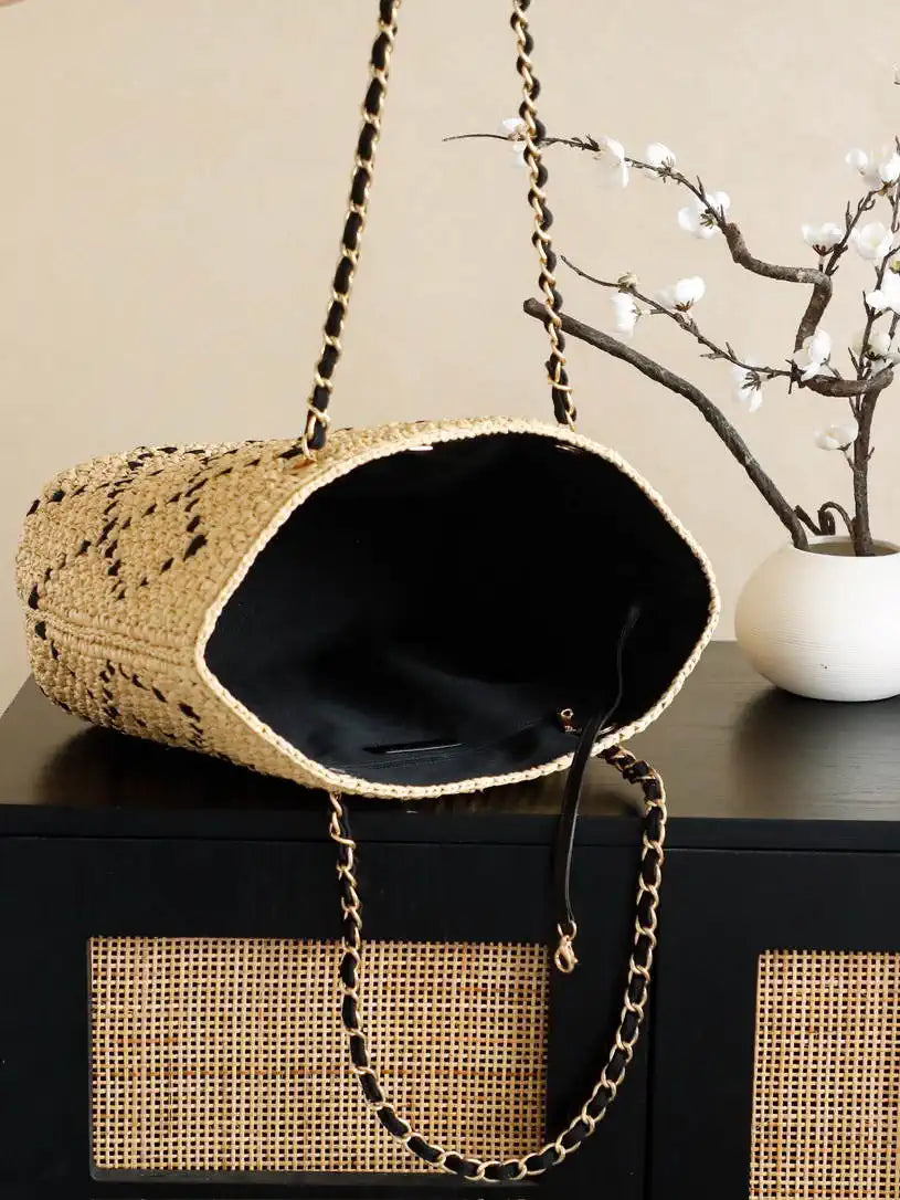 Chanel AS9905 Woven Raffia Shopping Bag Calfskin Nature