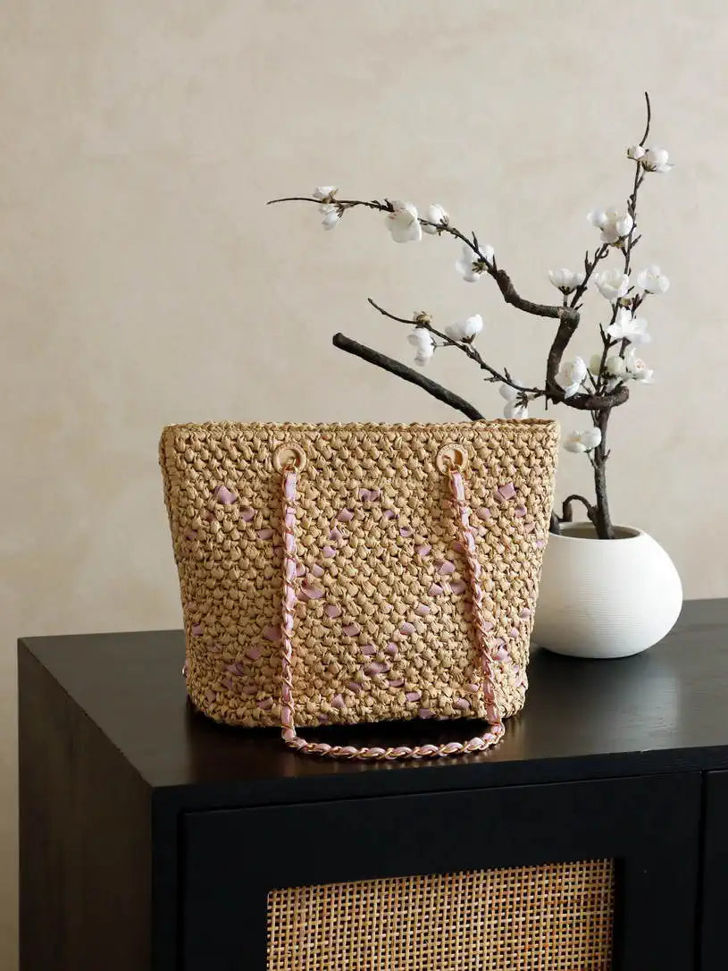 Chanel AS9905 Woven Raffia Shopping Bag Calfskin Nature Pink