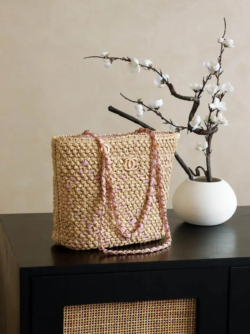 Chanel AS9905 Woven Raffia Shopping Bag Calfskin Nature Pink