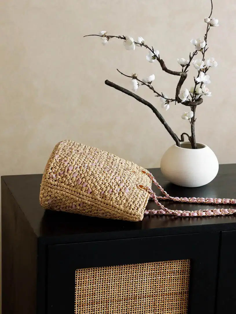 Chanel AS9905 Woven Raffia Shopping Bag Calfskin Nature Pink