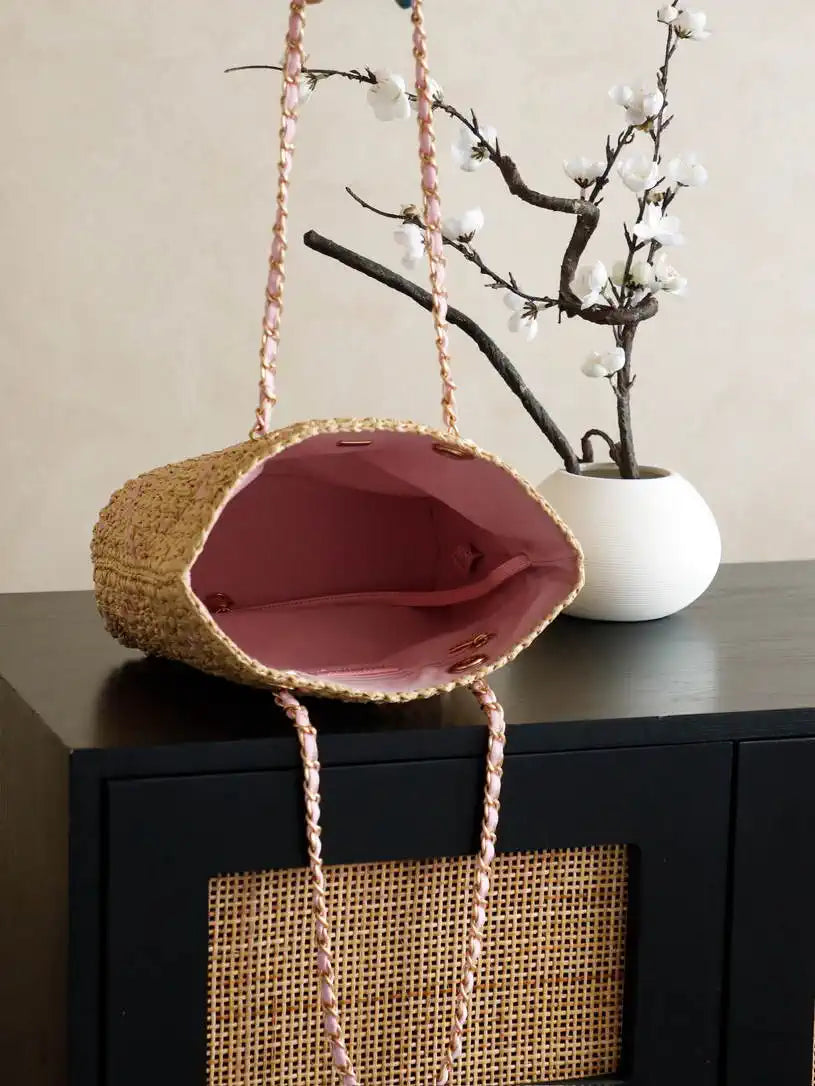 Chanel AS9905 Woven Raffia Shopping Bag Calfskin Nature Pink