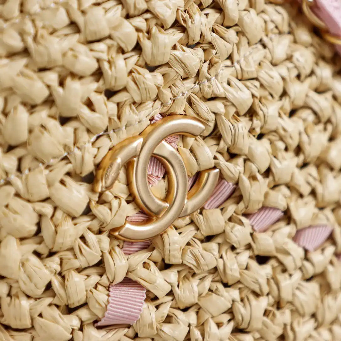 Chanel AS9905 Woven Raffia Shopping Bag Calfskin Nature Pink