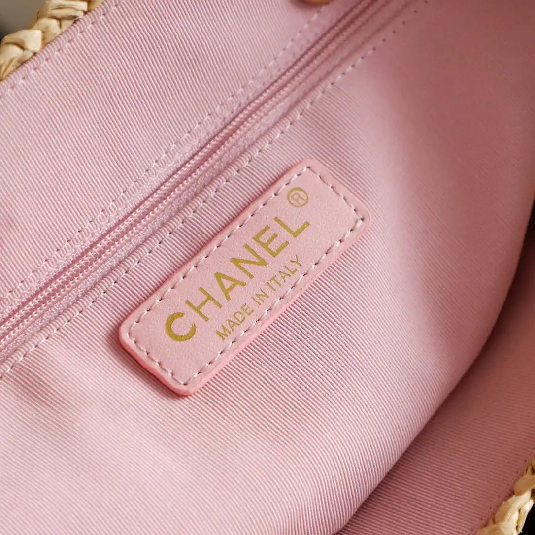 Chanel AS9905 Woven Raffia Shopping Bag Calfskin Nature Pink