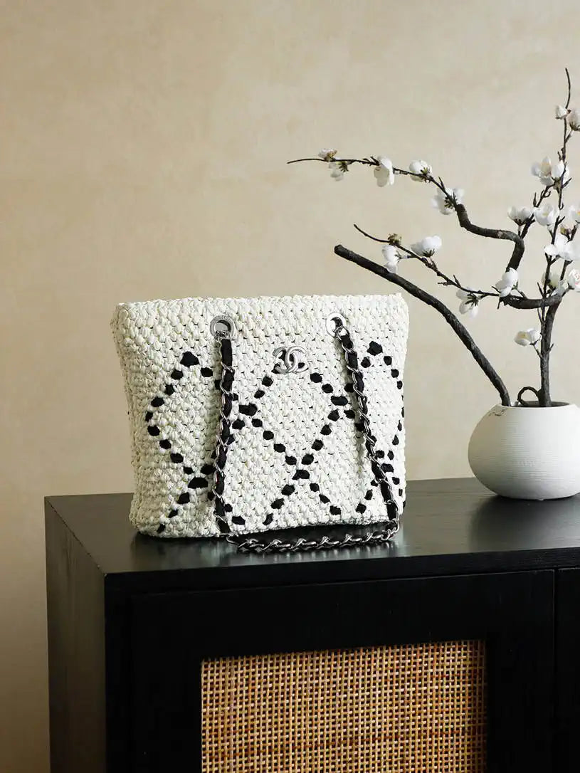 Chanel AS9905 Woven Raffia Shopping Bag Calfskin Nature