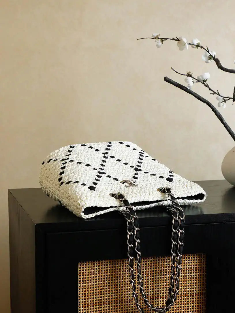 Chanel AS9905 Woven Raffia Shopping Bag Calfskin Nature