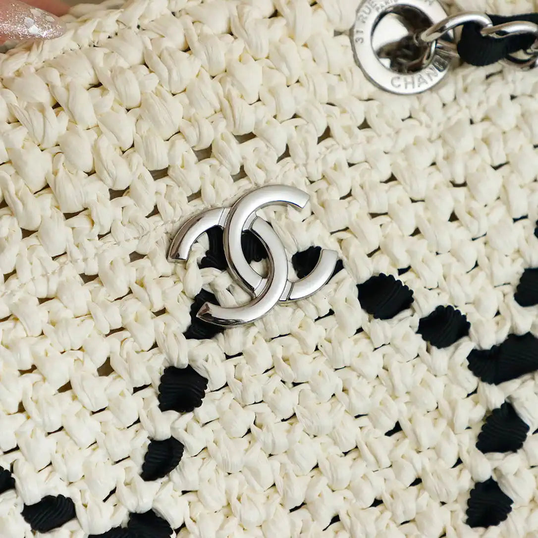 Chanel AS9905 Woven Raffia Shopping Bag Calfskin Nature