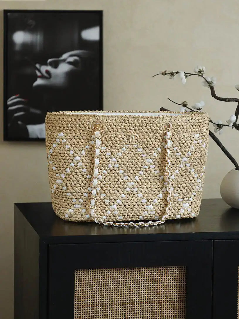 Chanel AS9906 Large Woven Raffia Shopping Bag Calfskin Nature with White