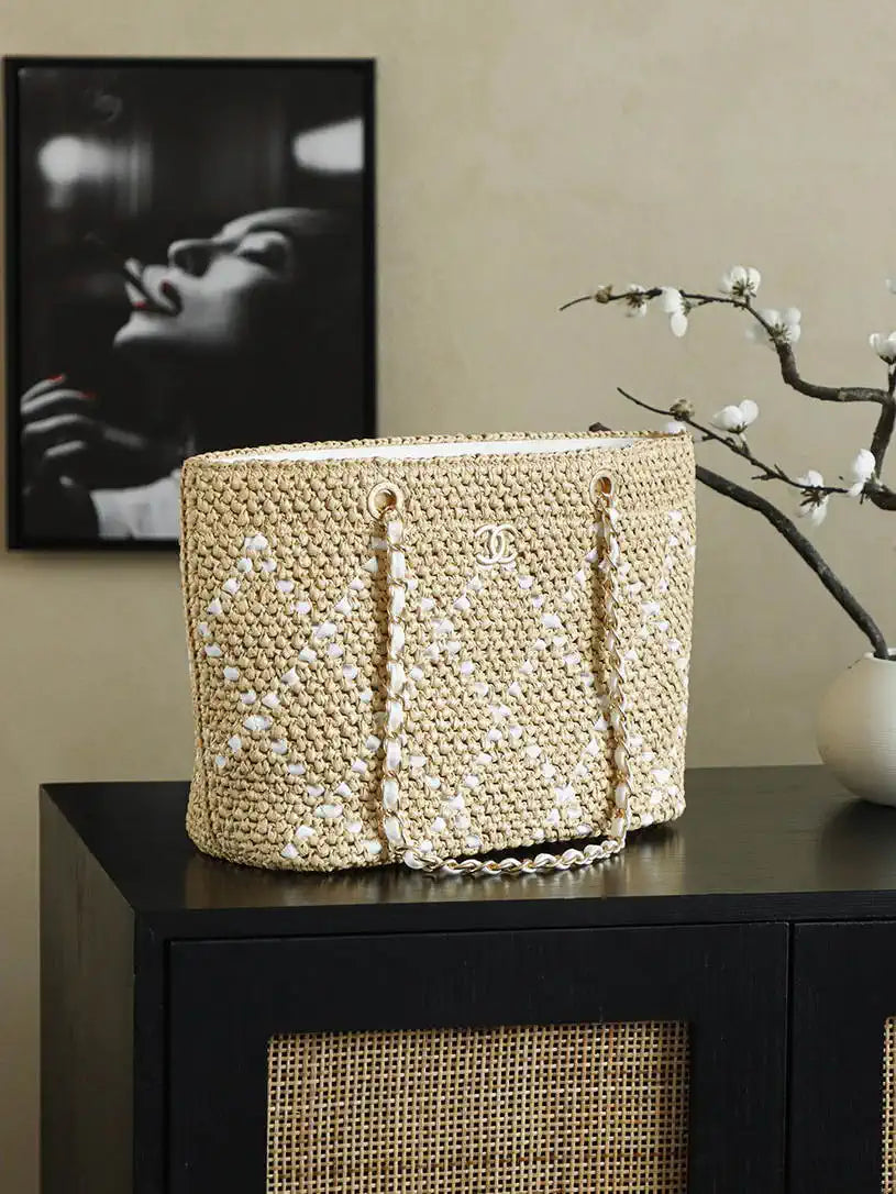 Chanel AS9906 Large Woven Raffia Shopping Bag Calfskin Nature with White